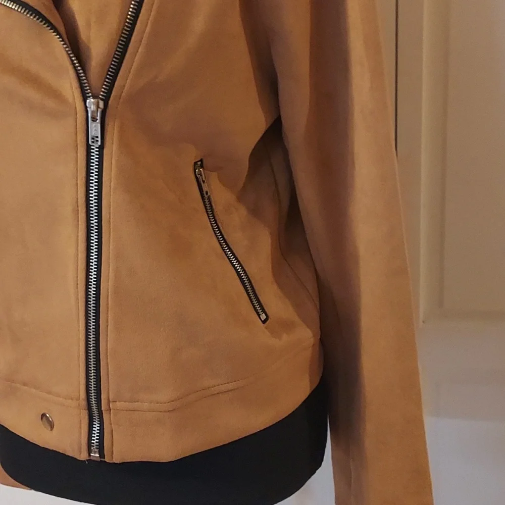 Tan Beige Faux Suede Moto Biker Jacket Size M - Picture 2 of 9
